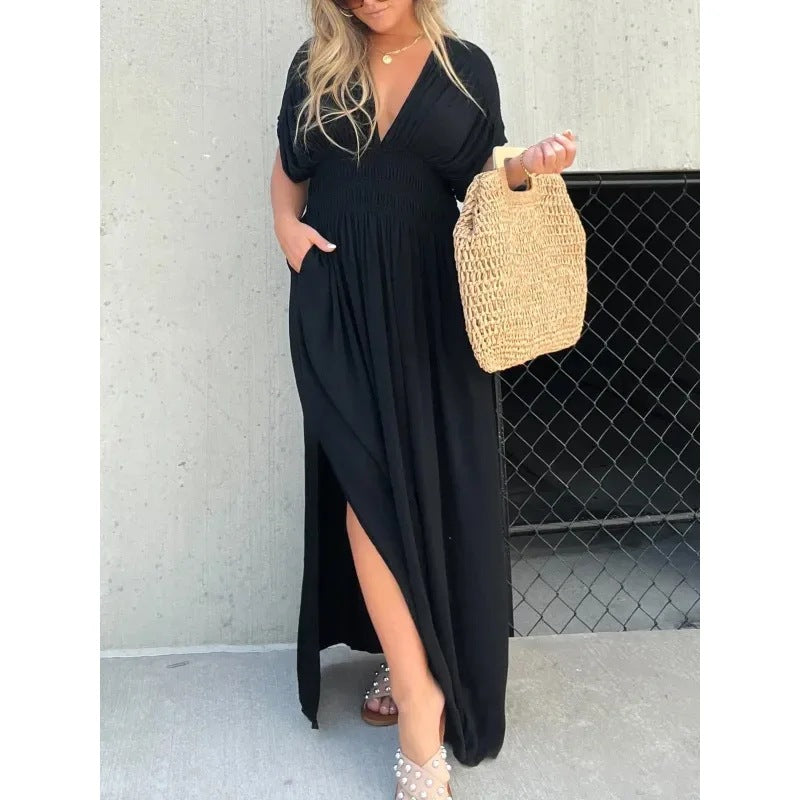Luvéra Mode Bat-sleeved V-neck Slit Kleid Sommer Kurzarm Elastische Taille Lange Kleider Frauen Kleidung