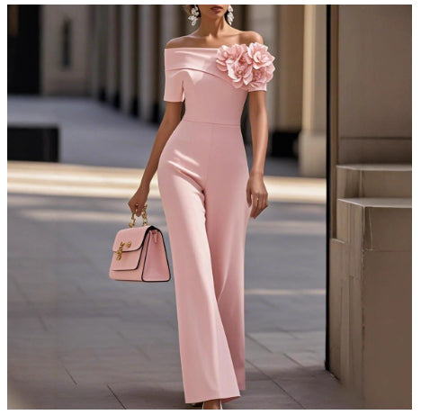 Luvéra Schulterfreier Damen Jumpsuit mit 3D-Blumen - Elegantes Wide-Leg Overall