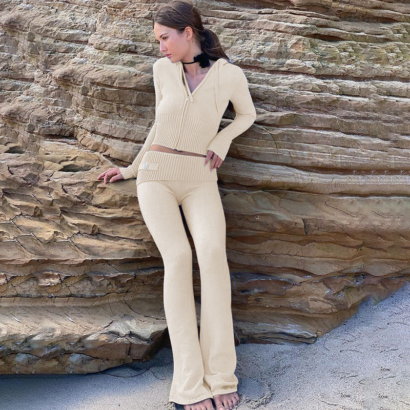 Luvéra Gestrickte Kapuzenanzüge Damen Langarm Strickjacke Und Hohe Taille Hosen Kleidung