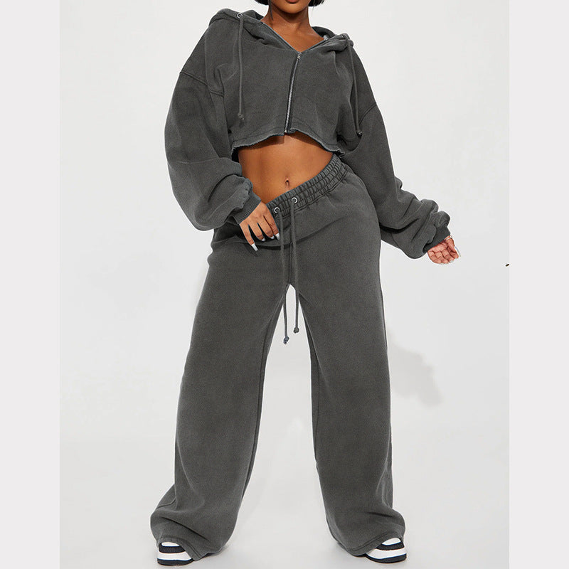 Luvéra Kapuze vorne Strickjacke Reißverschluss Pullover Breites Bein Lose Hose Anzug