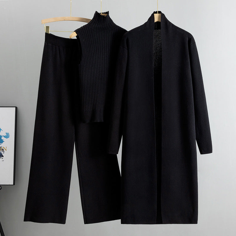 Luvéra 3 Stück Anzüge Frauen Mode Stricken Ärmellose Weste Pullover Lange Strickjacke Und Breite Bein Hosen Drei-Stück Set