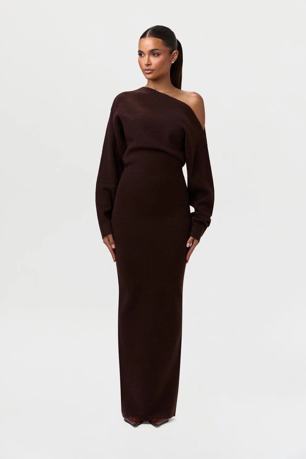 Luvéra Ins Slim Langarm Strickkleid Abendparty Sexy Off-Schulter Bodycon Lange Kleider