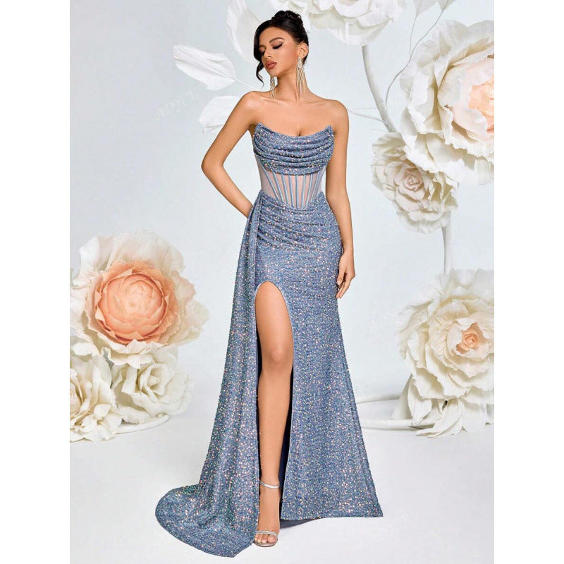 Luvéra Damen schulterfreies ausgehöhltes Fischgräten-Plisseekleid