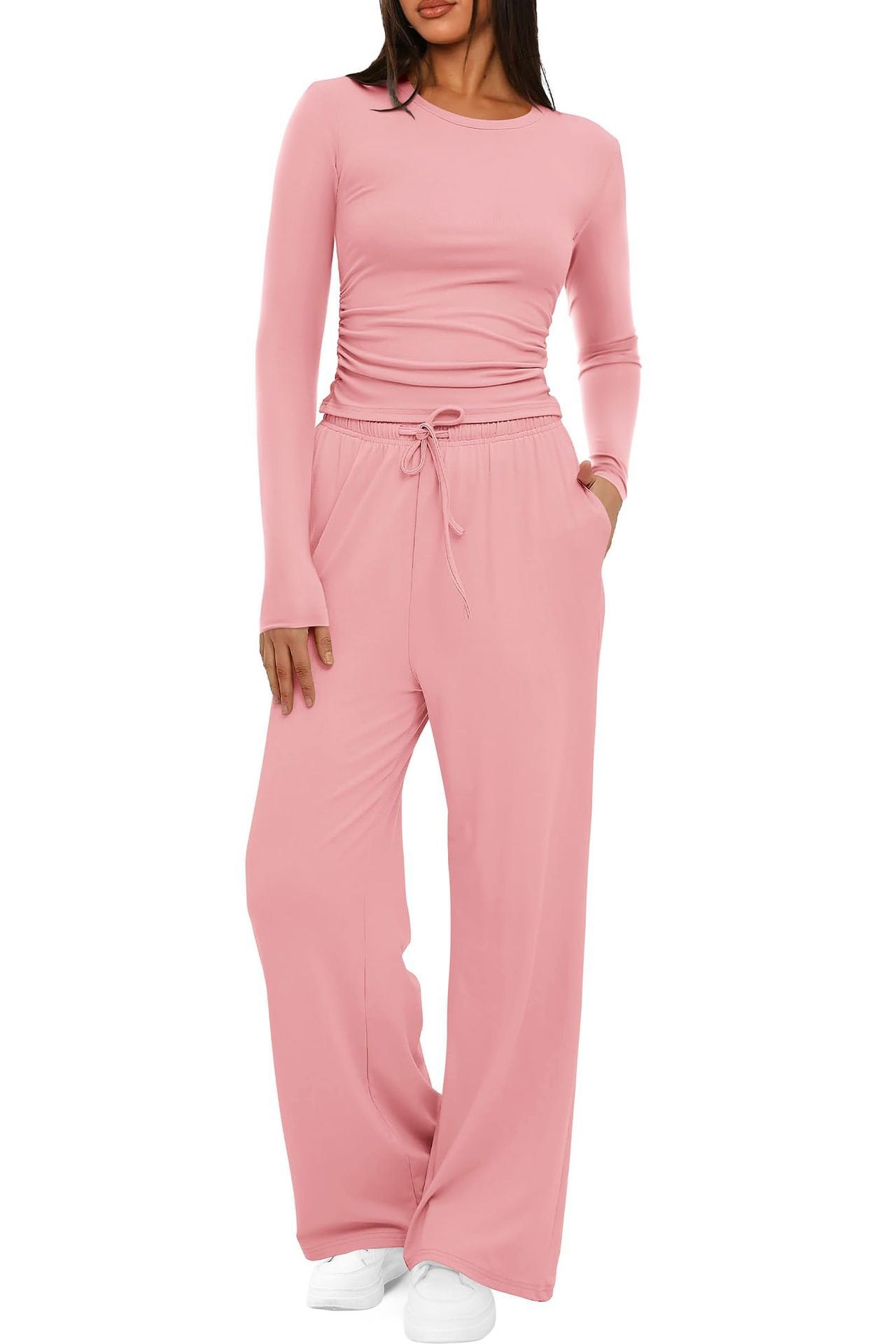 Luvéra 2 Stück frauen Anzug Herbst Winter Langarm Tops Hohe Taille Breite Bein Hosen Sportswear Weibliche Kleidung Einfarbig Casual Anzug