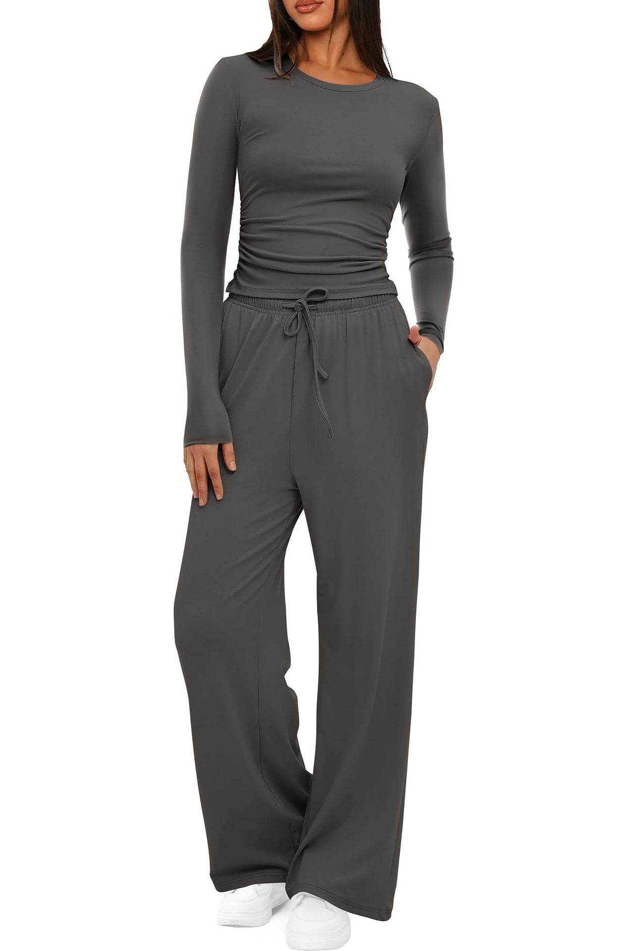 Luvéra 2 Stück frauen Anzug Herbst Winter Langarm Tops Hohe Taille Breite Bein Hosen Sportswear Weibliche Kleidung Einfarbig Casual Anzug