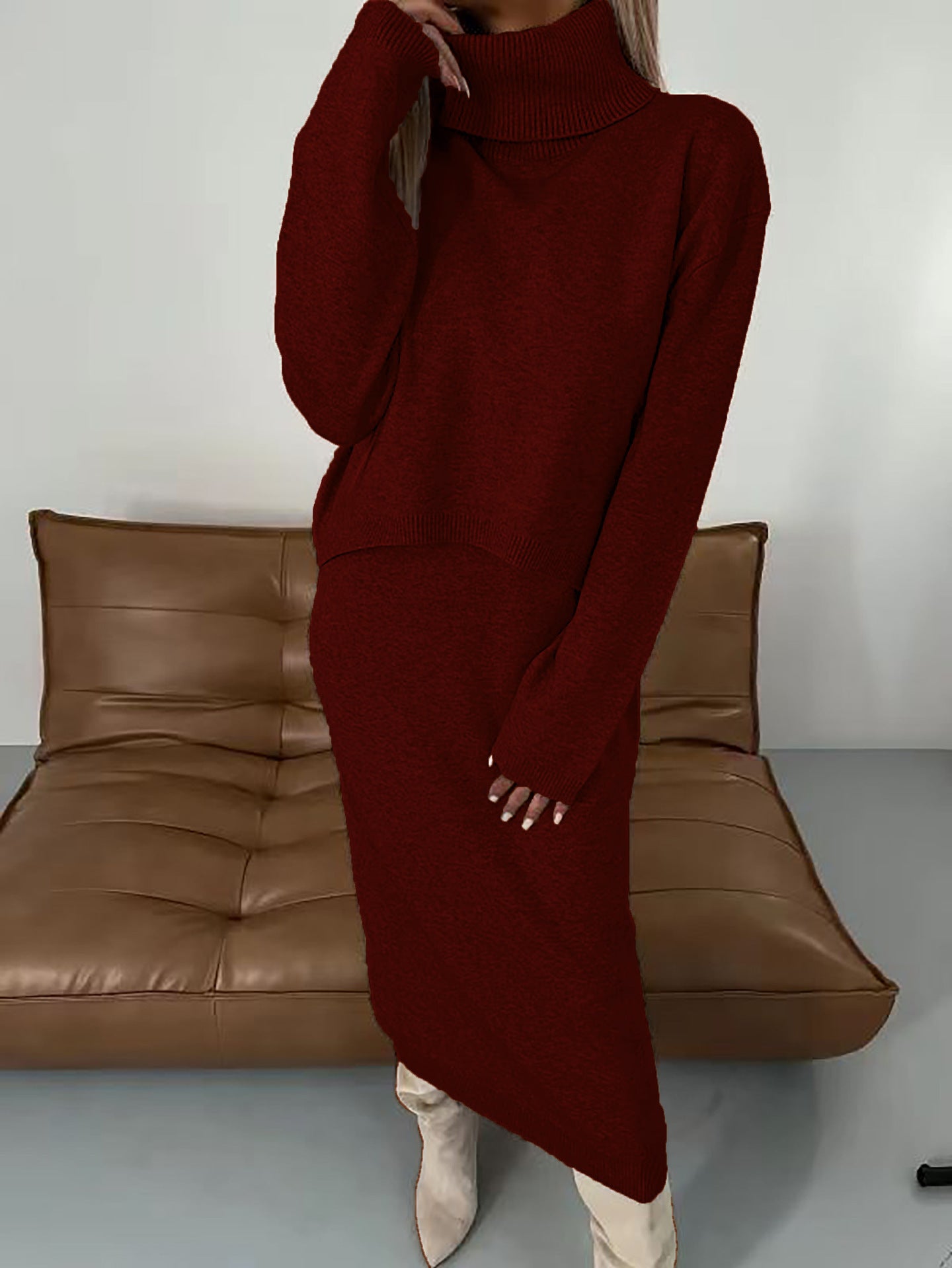 Luvéra Rollkragen Lange Einfarbige Strickkleid Pullover Zweiteiliges Set