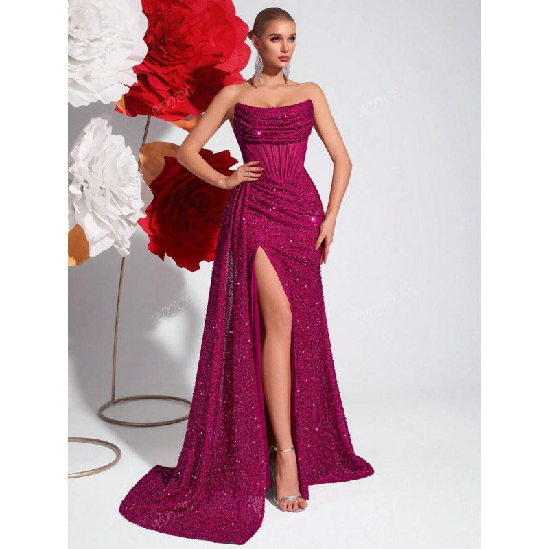 Luvéra Damen schulterfreies ausgehöhltes Fischgräten-Plisseekleid