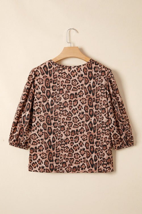 Luvéra Braune Leoparden-Blüge-Bluse mit Puffärmeln