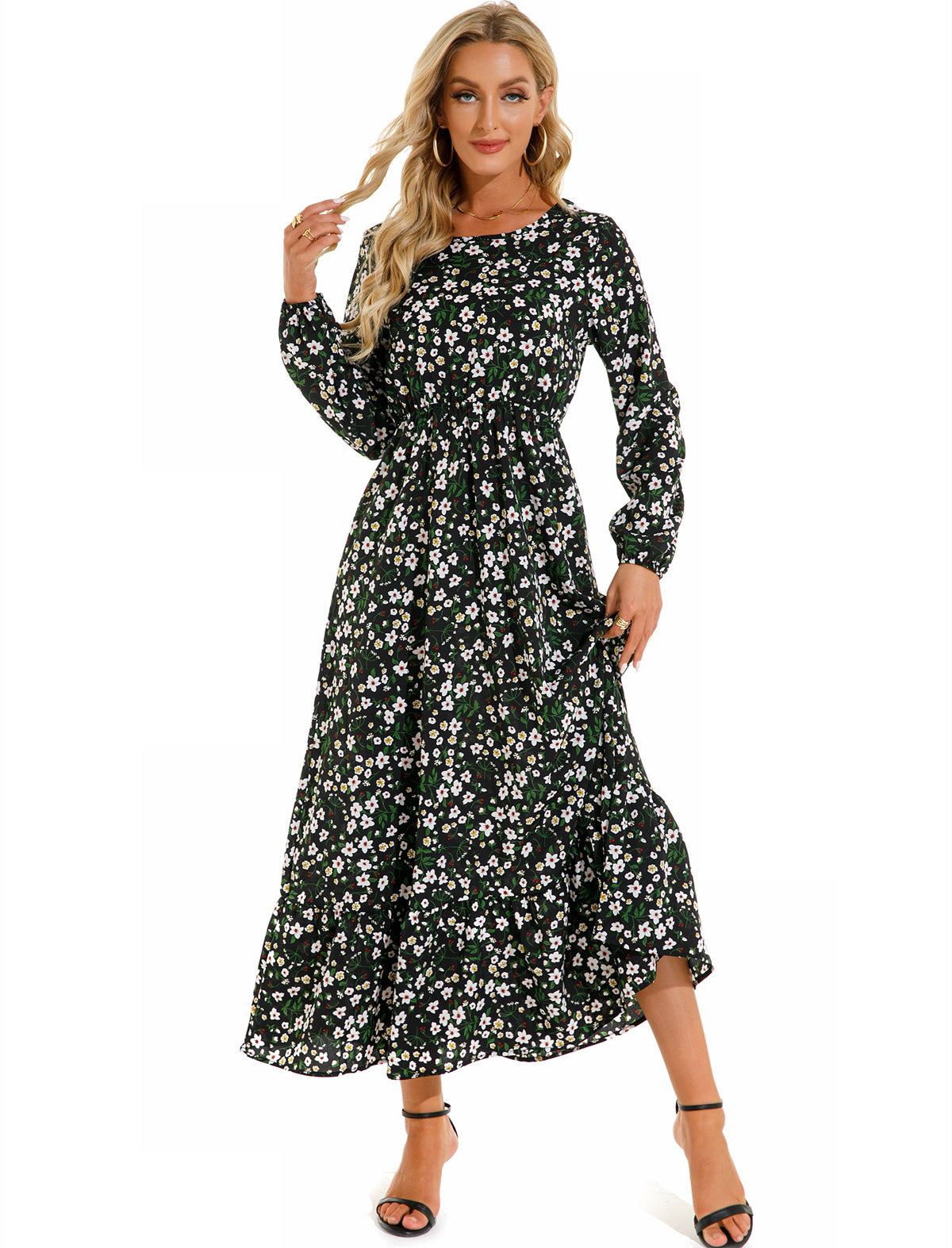 Luvéra Damen vielseitiges Blumen-Chiffon-Kleid mit Rundhalsausschnitt
