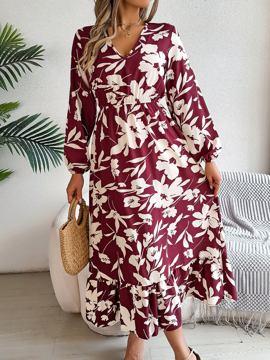 Luvéra Damen Freizeit Blumendruck Krawatte Taille Langarm Rüschen Kleid