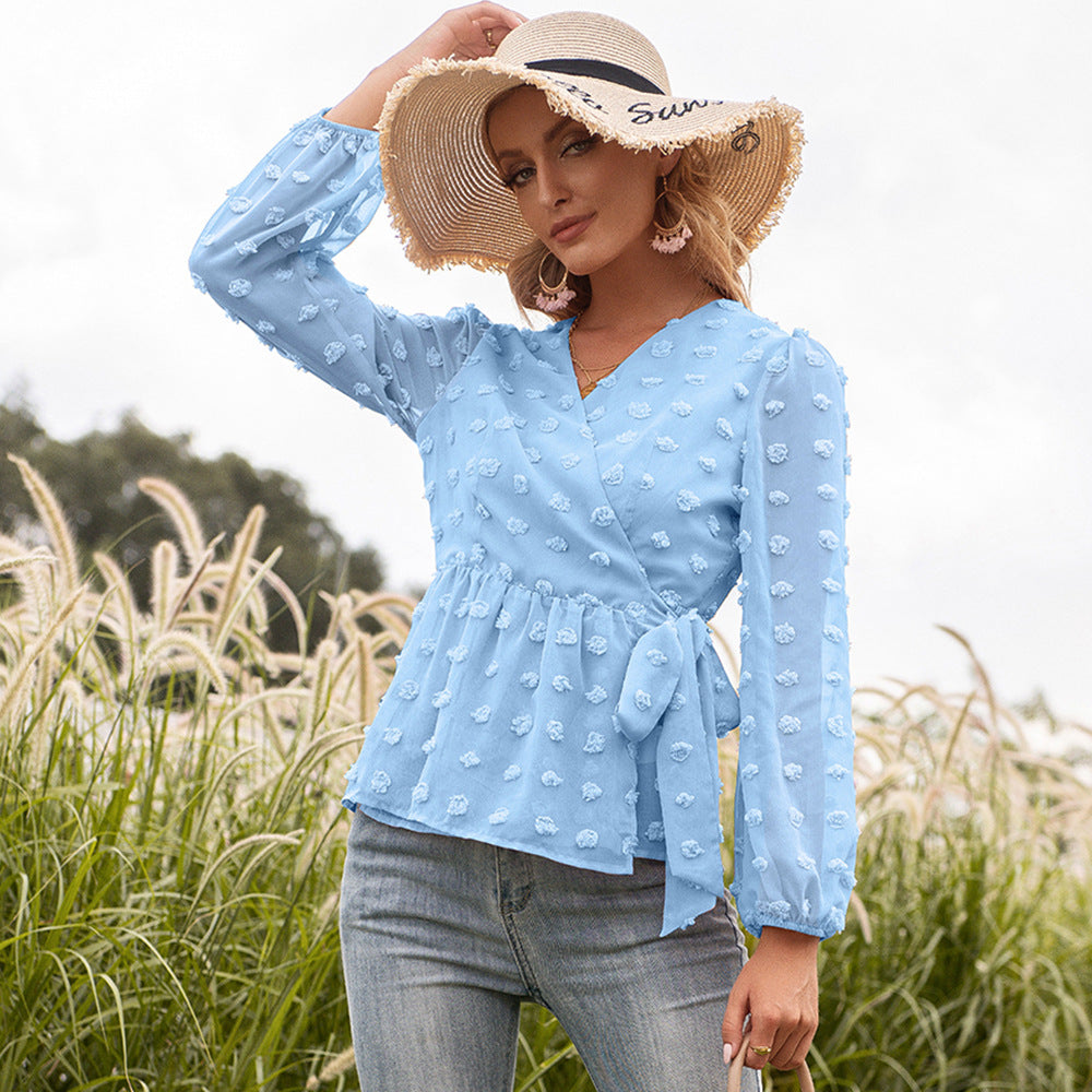 Luvéra Jacquard Spitze V-Ausschnitt Langarm Bluse Frauen