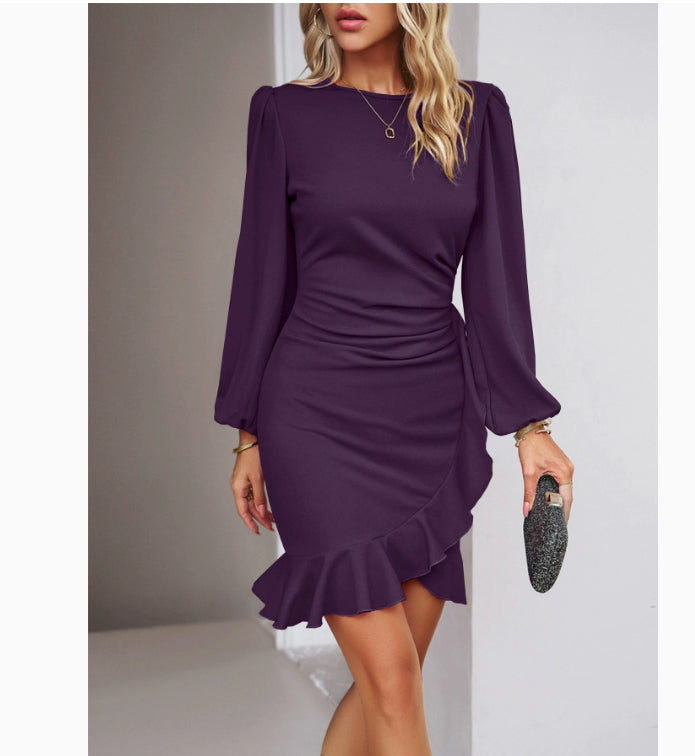 Luvéra Frauen Puff Langarm Kleider Mode Anmutige Einfarbig Schlanke Hüfte-bedeckende Kurze Kleid Frauen Kleidung