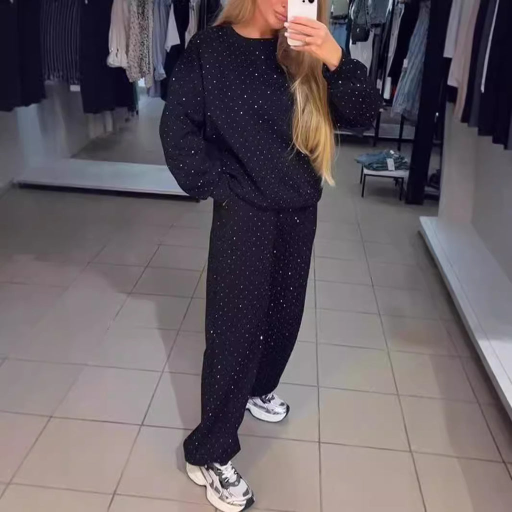 Luvéra Damen Casual Rundhals Drilling Kordelzug Knöchelgebunden Zweiteiler Anzug