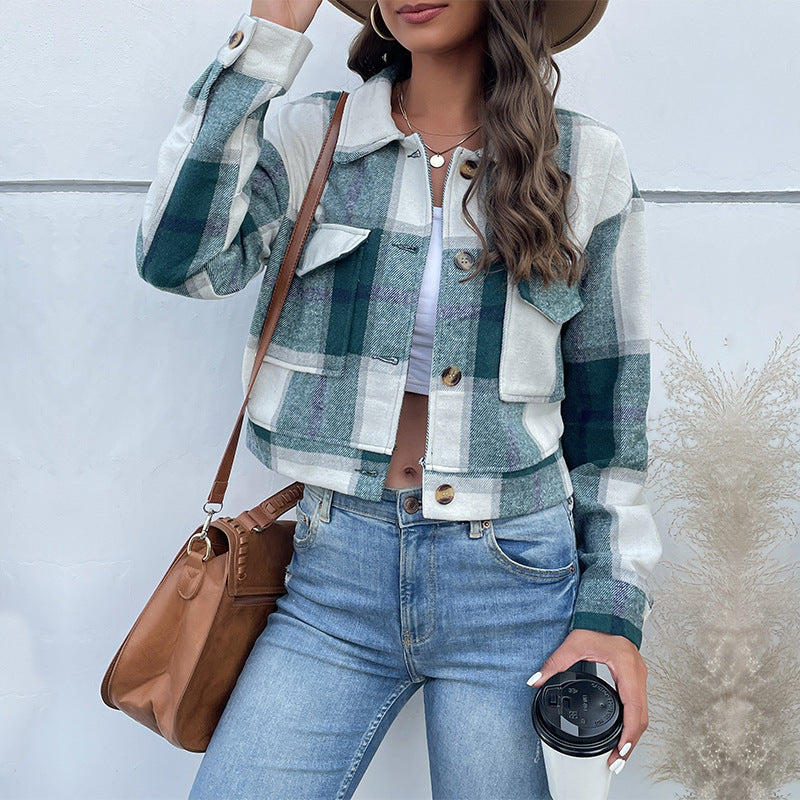 Luvéra Plaid Revers Cropped Jacke Mit Taschen Mode Knopf Langarm Kurze Outwear Tops Mantel Für Frauen Kleidung