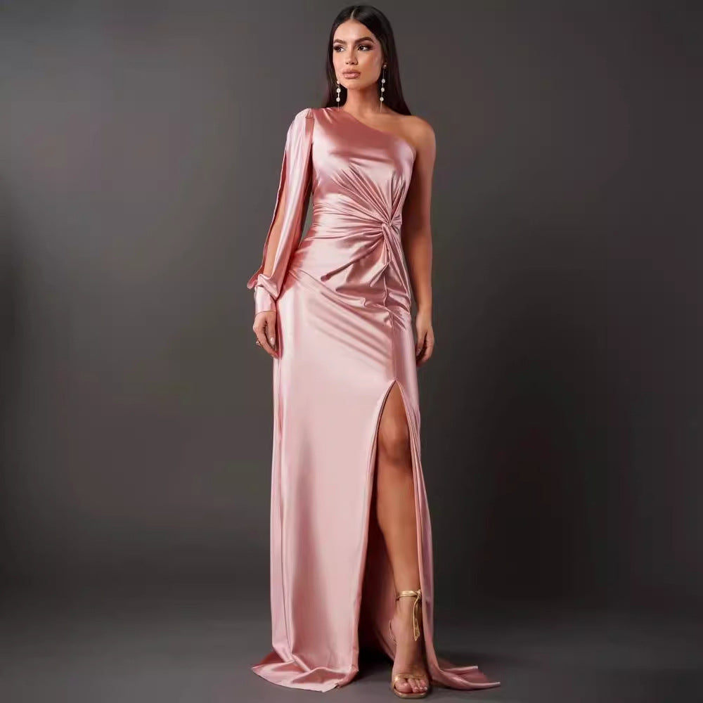 Luvéra Frauen Ein-Schulter Split Kleid Ins Mode Langarm Schlank Lange Kleider Party Abend Kleidung