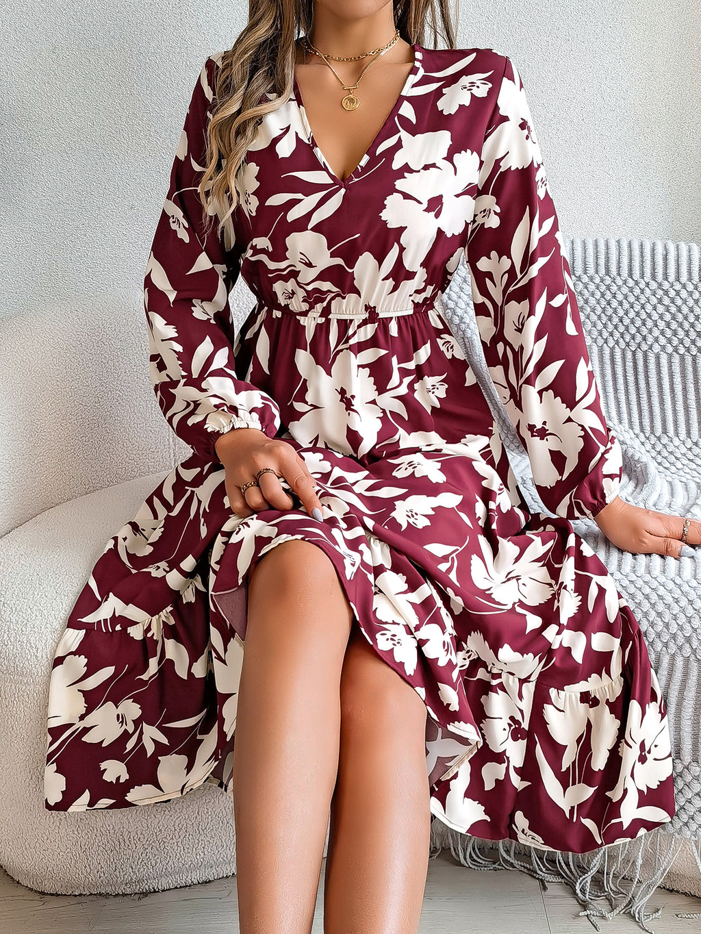Luvéra Damen Freizeit Blumendruck Krawatte Taille Langarm Rüschen Kleid