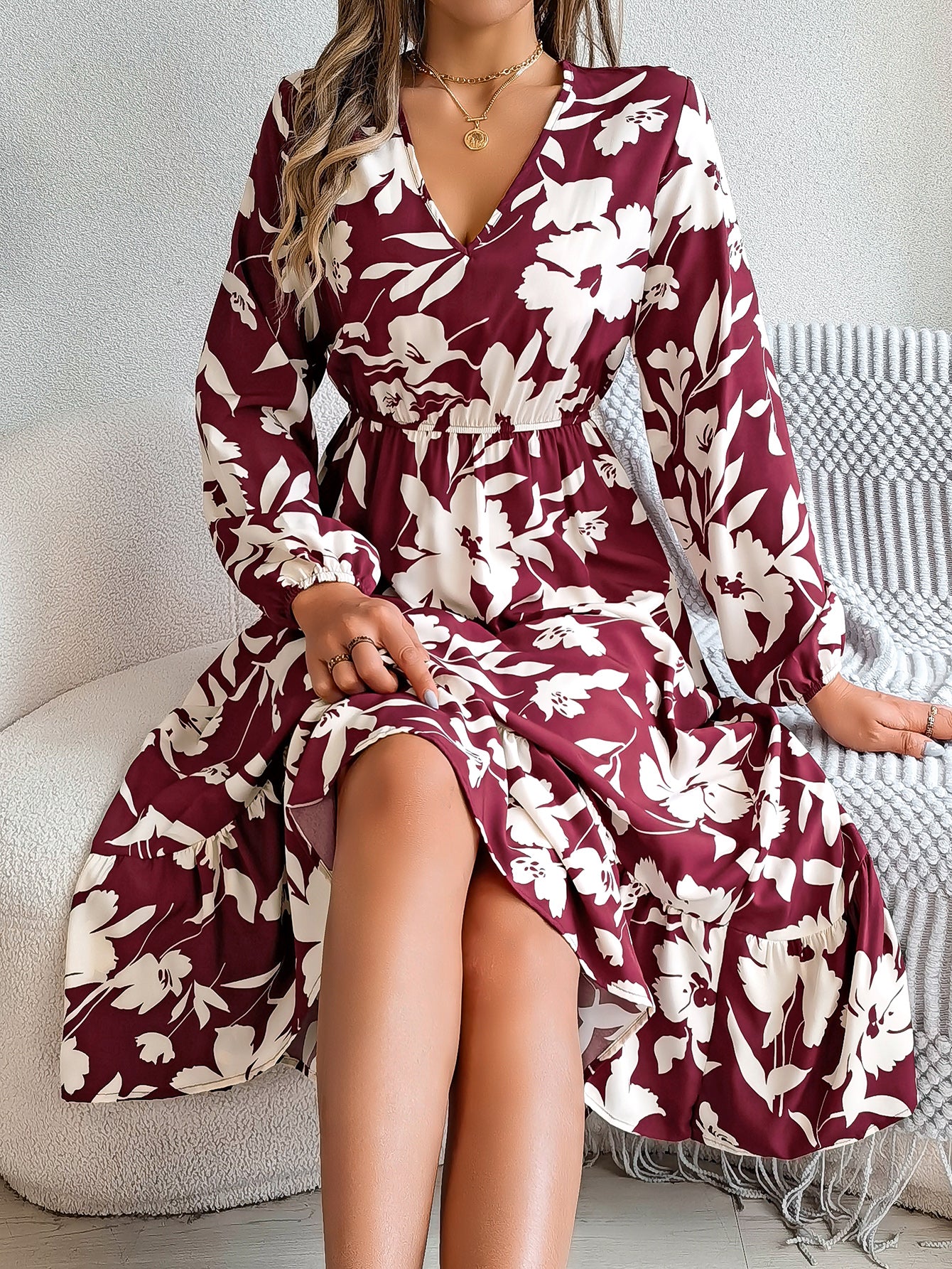 Luvéra Damen Freizeit Blumendruck Krawatte Taille Langarm Rüschen Kleid