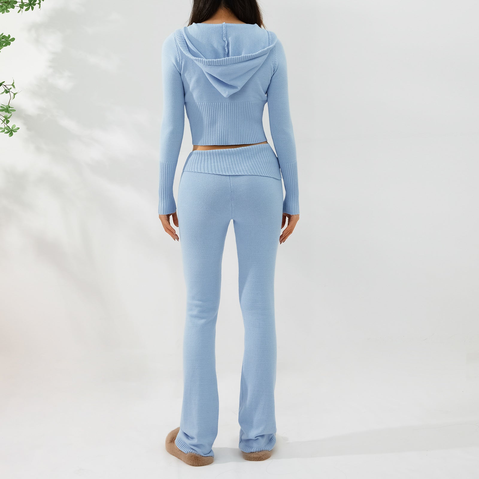 Luvéra Gestrickte Kapuzenanzüge Damen Langarm Strickjacke Und Hohe Taille Hosen Kleidung