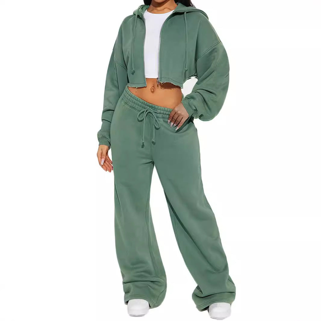 Luvéra Kapuze vorne Strickjacke Reißverschluss Pullover Breites Bein Lose Hose Anzug