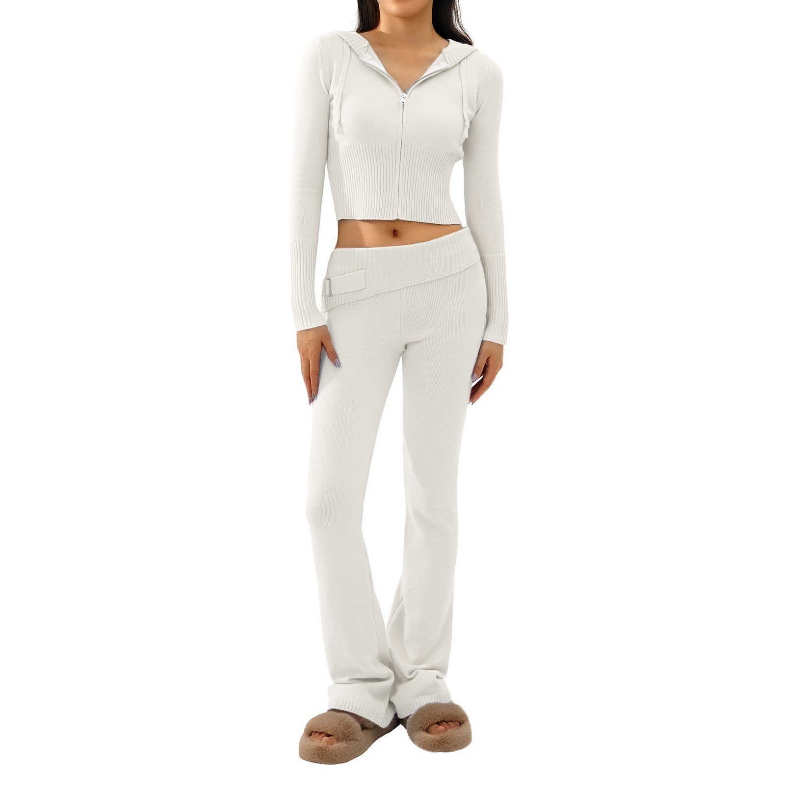 Luvéra Gestrickte Kapuzenanzüge Damen Langarm Strickjacke Und Hohe Taille Hosen Kleidung