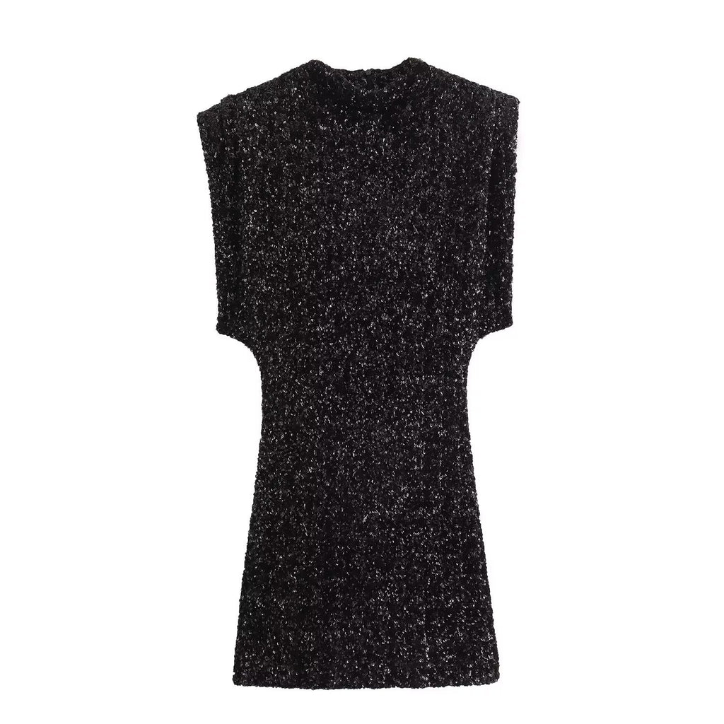 Luvéra Kleid Ärmellos Träger Gepolsterte Schulter Perlen Dekoration Minikleid