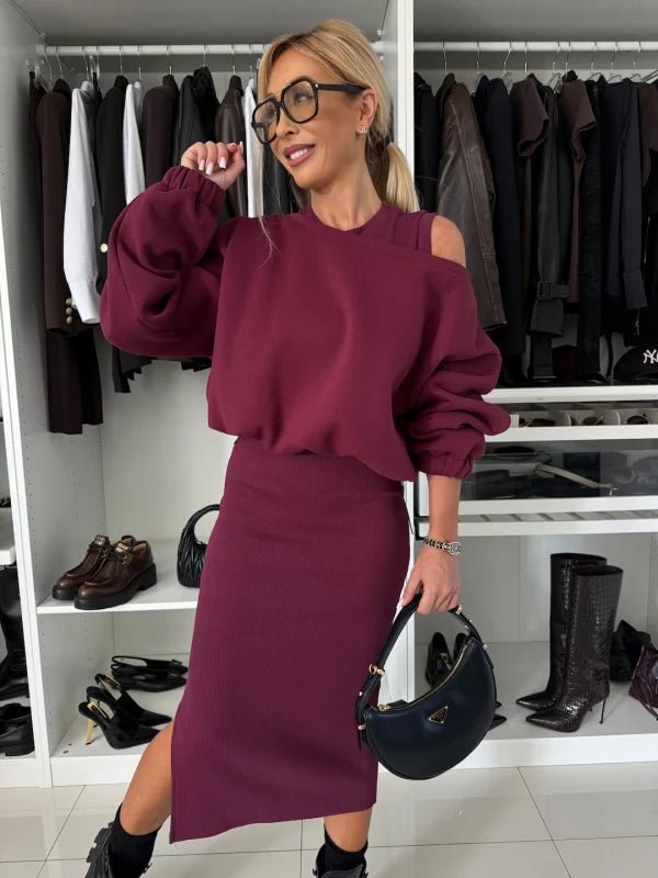 Luvéra Damen Relaxed Off-Shoulder Batwing-Ärmel Cropped Top und Tank Kleid Set
