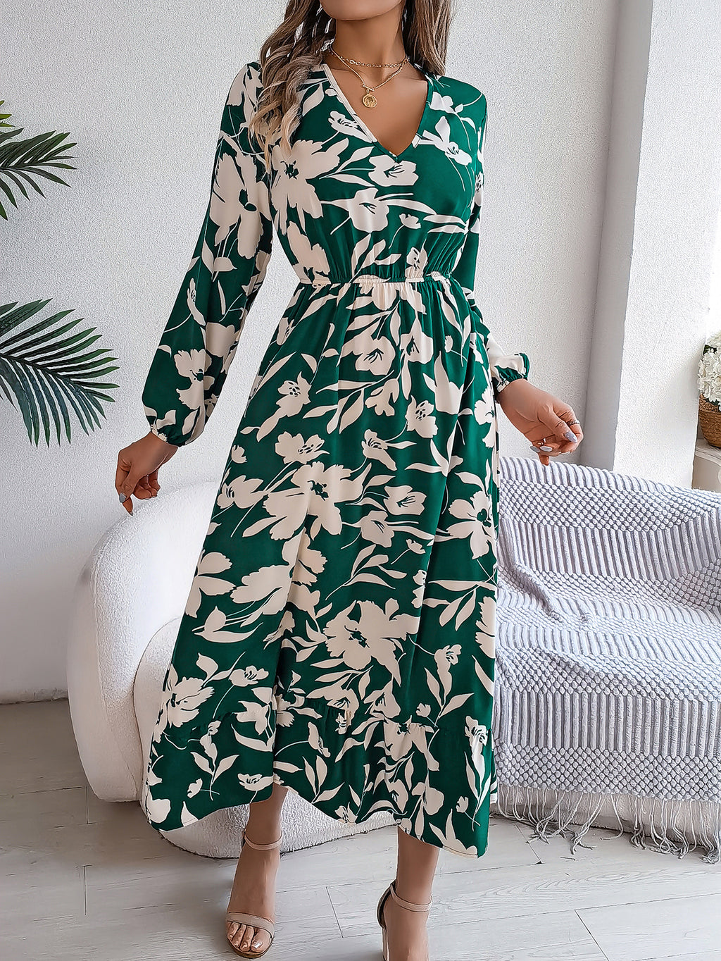 Luvéra Damen Freizeit Blumendruck Krawatte Taille Langarm Rüschen Kleid