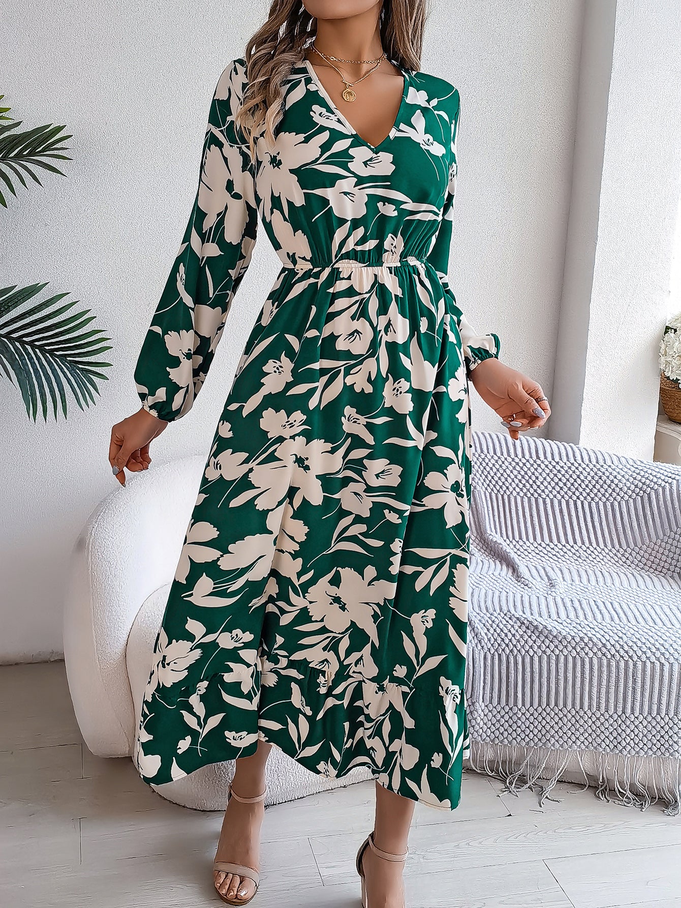 Luvéra Damen Freizeit Blumendruck Krawatte Taille Langarm Rüschen Kleid