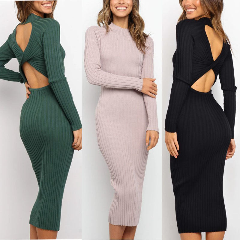 Luvéra Neue Stil Frauen Anzüge Pullover Kleider Frauen Einfarbig Backless Bogen Enge Kleider