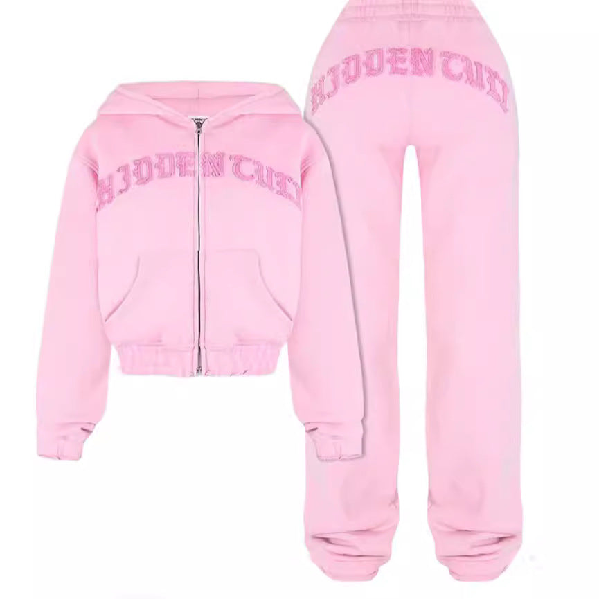 Luvéra Sport Anzug Zip-up Hooded Cropped Sweatshirt Top Und Lose Kordelzug Hosen Mode Frauen Kleidung