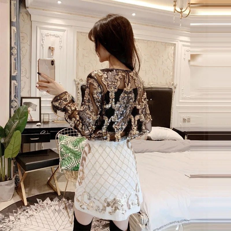 Luvéra Perlen Bestickte Pailletten Abnehmen Langarm Pullover Top Frauen