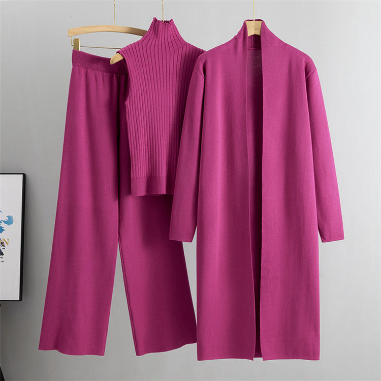 Luvéra 3 Stück Anzüge Frauen Mode Stricken Ärmellose Weste Pullover Lange Strickjacke Und Breite Bein Hosen Drei-Stück Set
