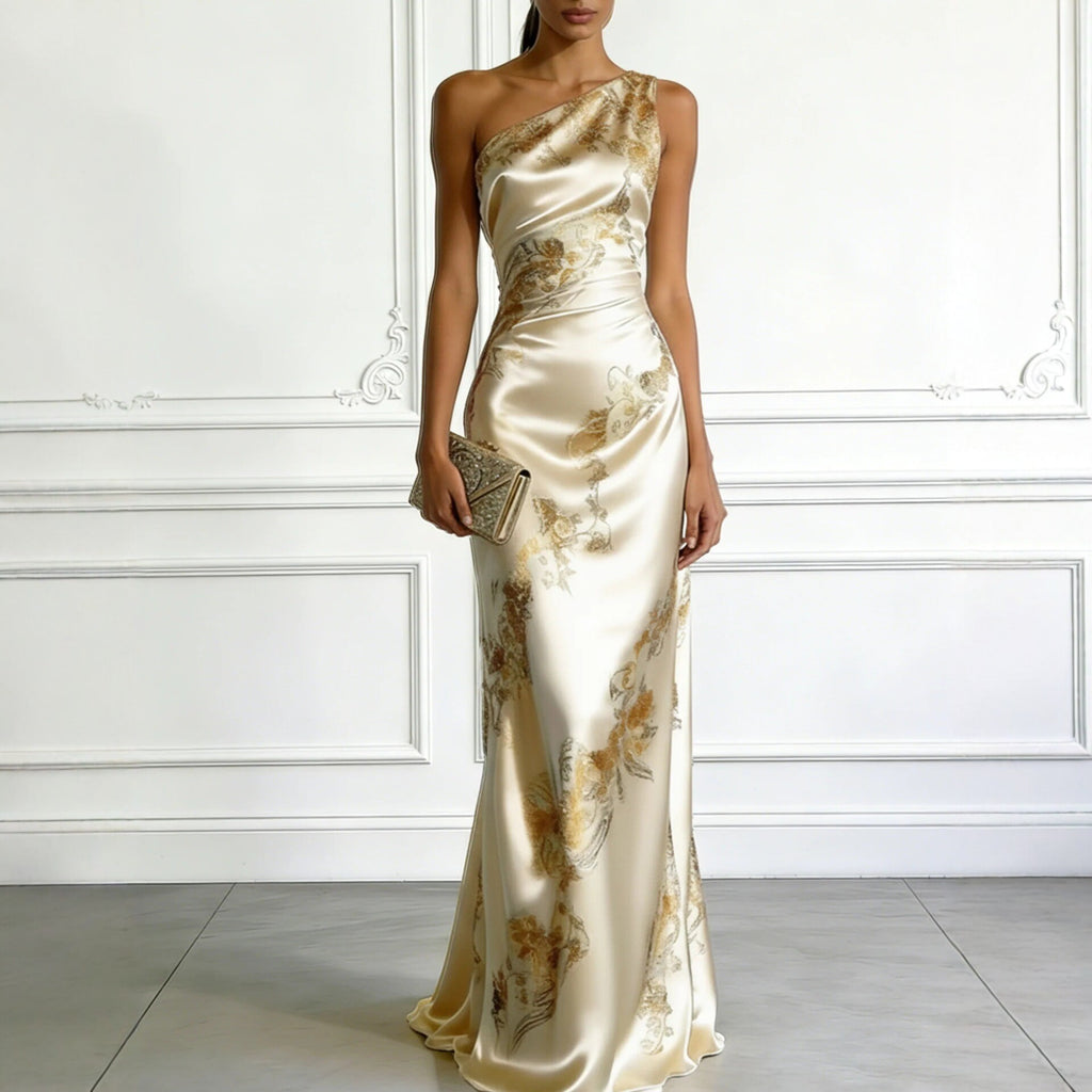 Luvéra Goldenes, schulterfreies, langes Kleid mit goldenem Druck