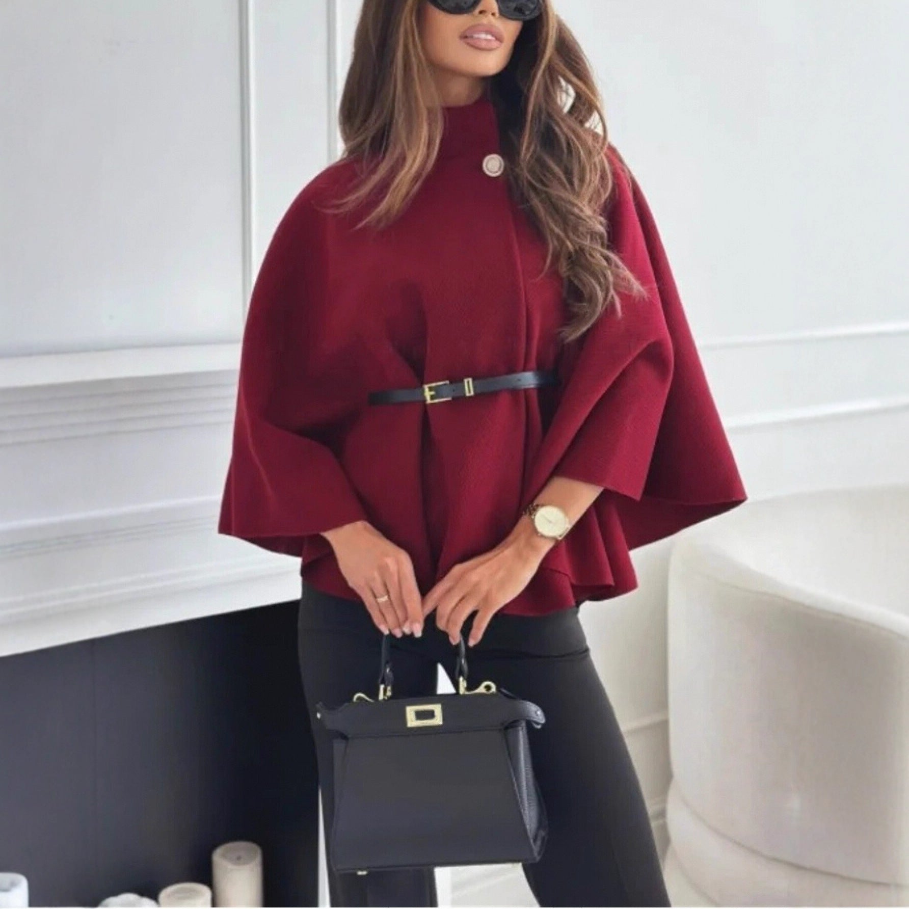 Luvéra Neue Stehkragen Batwing Ärmel Mantel Top Mit Gürtel Ins Mode Temperament Jacke Wollen Pullover Outwear Für Frauen Kleidung
