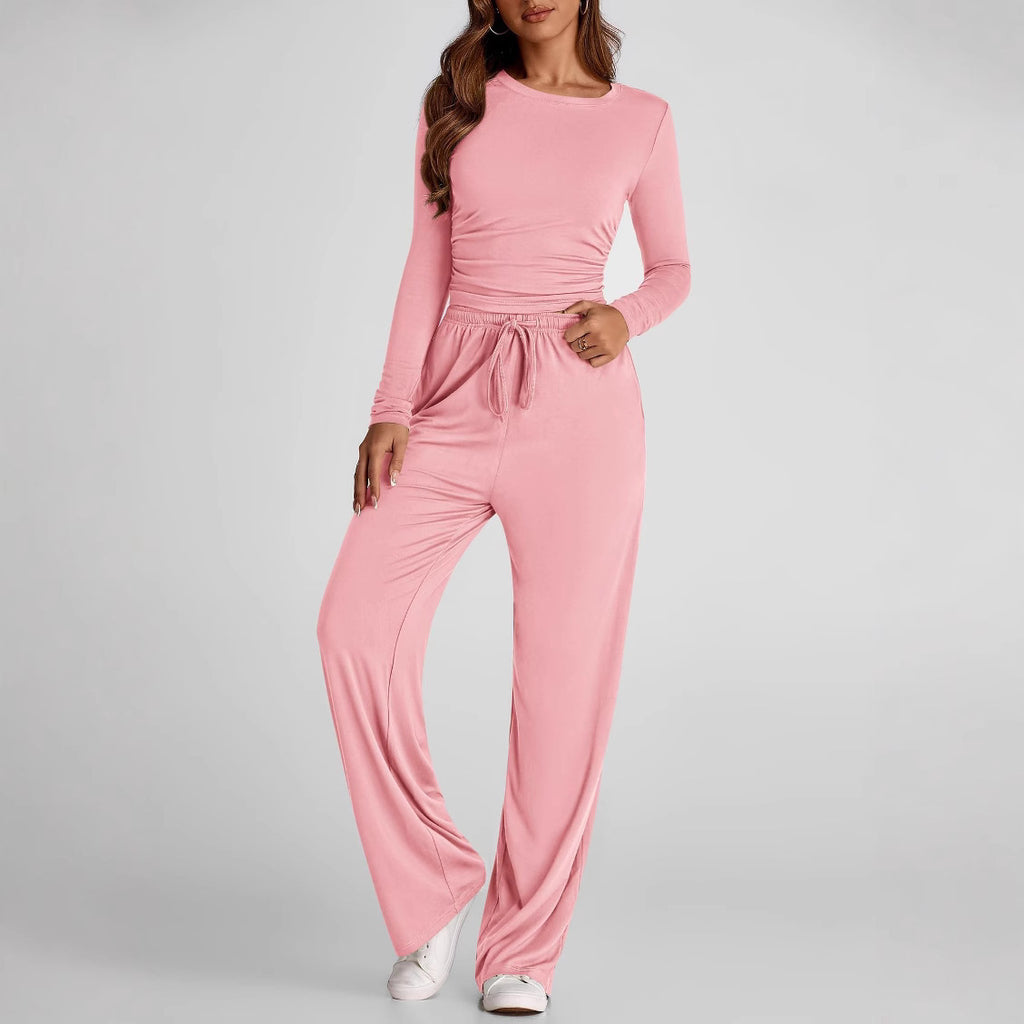 Luvéra 2 Stück frauen Anzug Herbst Winter Langarm Tops Hohe Taille Breite Bein Hosen Sportswear Weibliche Kleidung Einfarbig Casual Anzug
