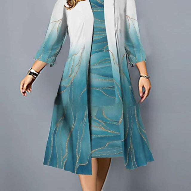 Luvéra Plus Size Damen Farbverlauf Blume und Blatt Kleid zweiteiliges Set