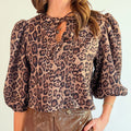 Luvéra Braune Leoparden-Blüge-Bluse mit Puffärmeln