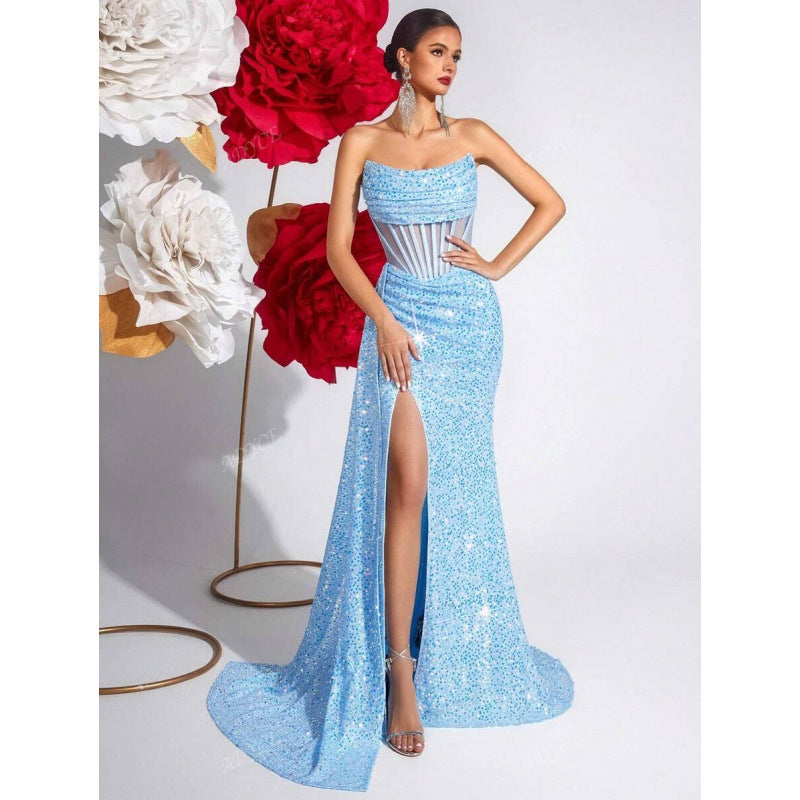 Luvéra Damen schulterfreies ausgehöhltes Fischgräten-Plisseekleid
