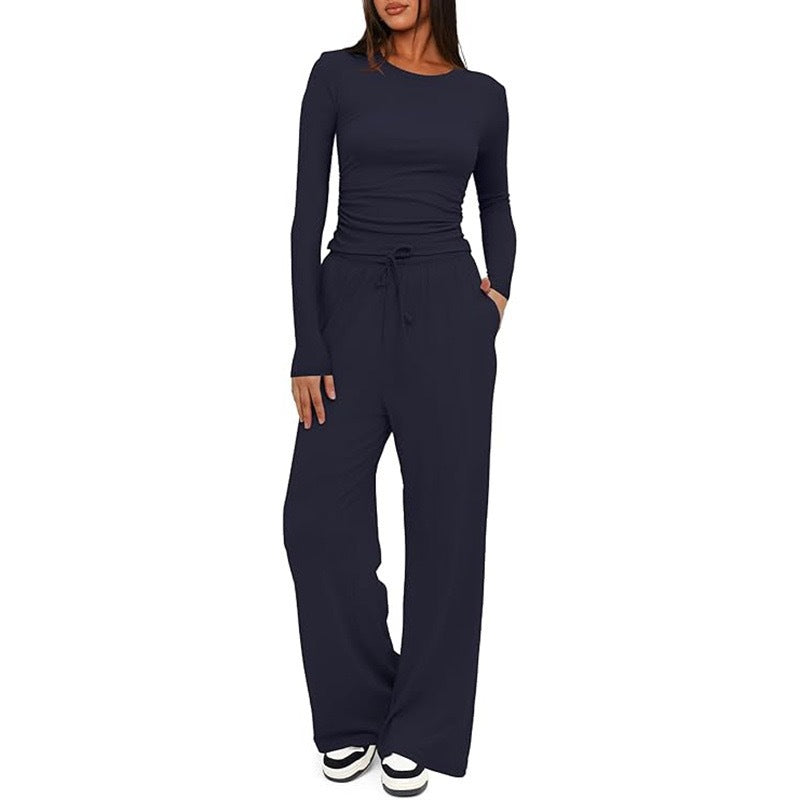 Luvéra 2 Stück frauen Anzug Herbst Winter Langarm Tops Hohe Taille Breite Bein Hosen Sportswear Weibliche Kleidung Einfarbig Casual Anzug