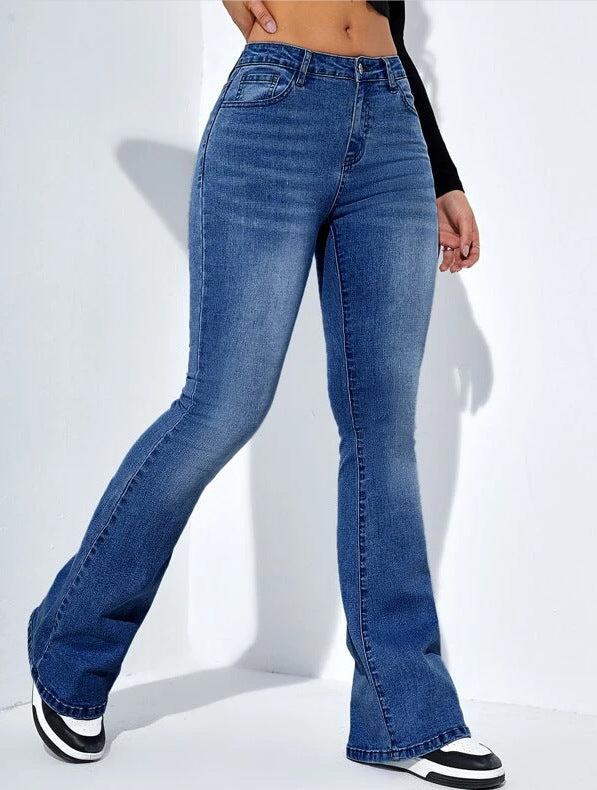 Luvéra Damen Slim-Fit Jeanshose Mit Ausgestelltem Design Mode Casual Hohe Taille Stretchhose