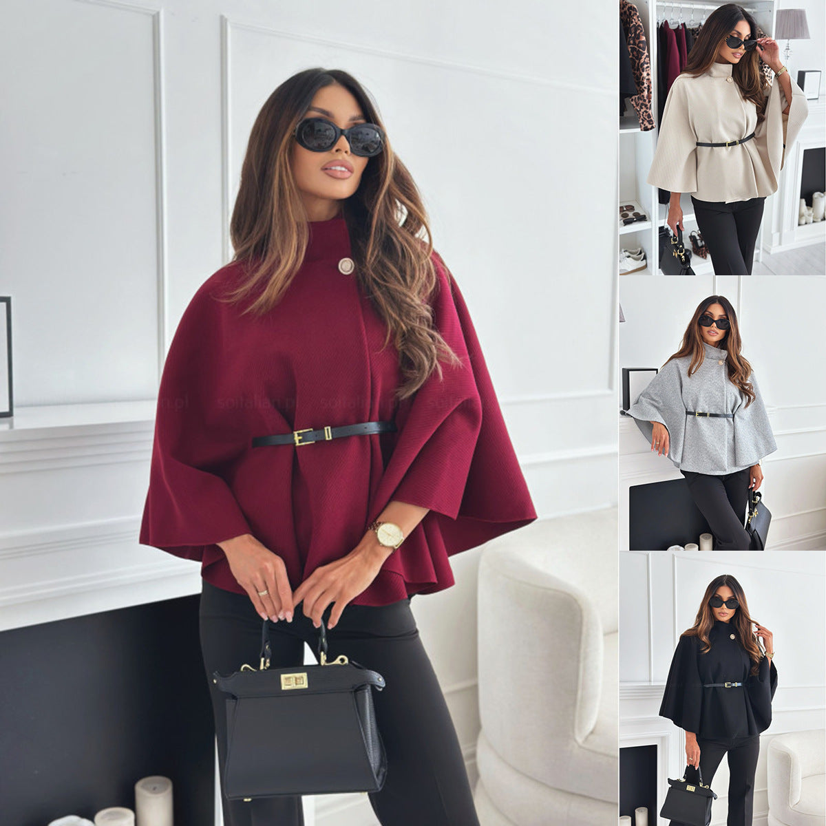 Luvéra Neue Stehkragen Batwing Ärmel Mantel Top Mit Gürtel Ins Mode Temperament Jacke Wollen Pullover Outwear Für Frauen Kleidung
