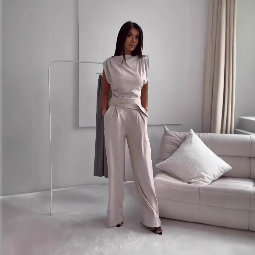 Luvéra Damen Ärmelloser Anzug Mode Schlank Unregelmäßiges Split Top Und Gerade Hosen Solide Hosen Set