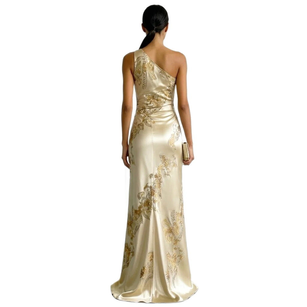 Luvéra Goldenes, schulterfreies, langes Kleid mit goldenem Druck