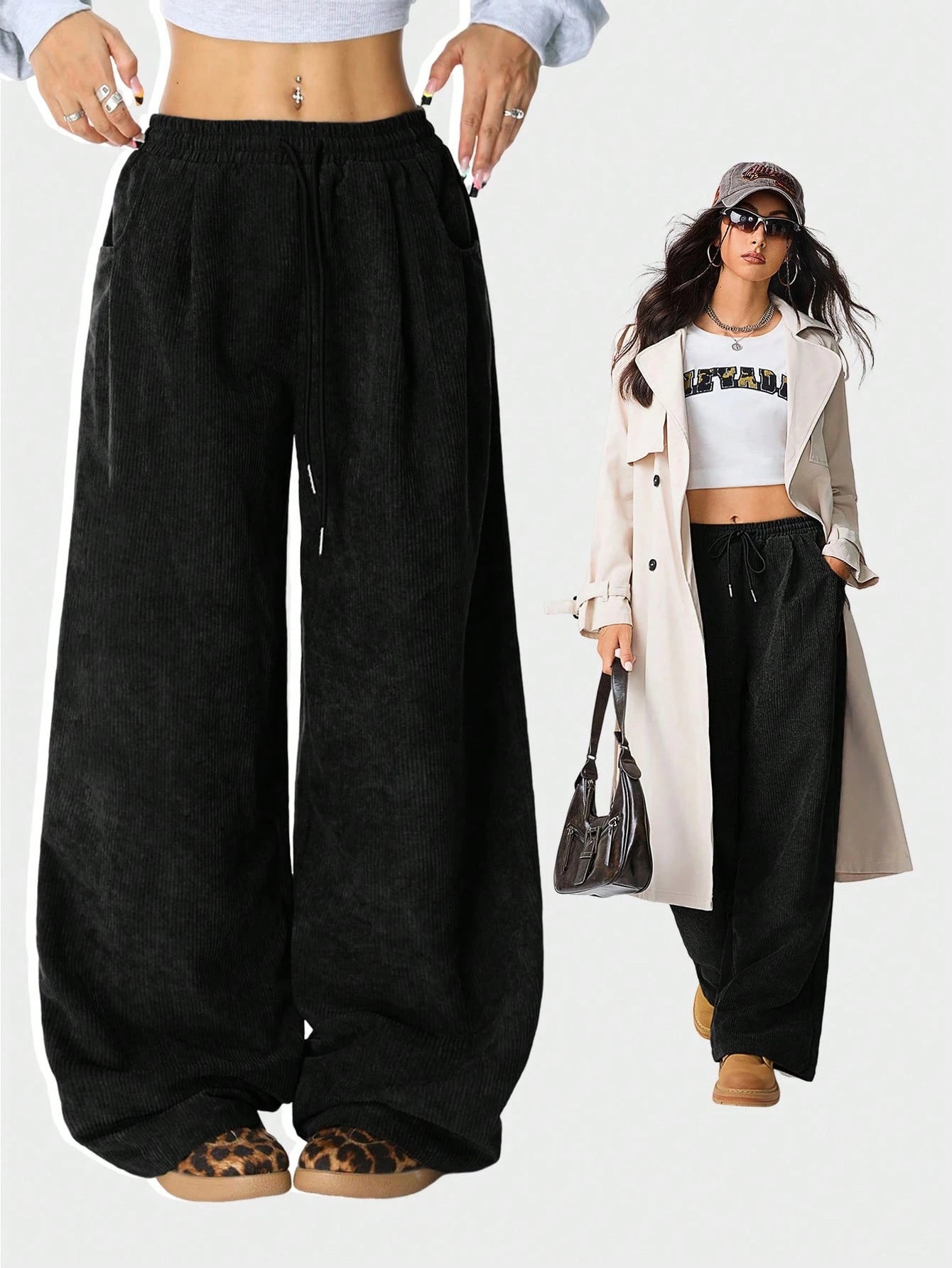 Luvéra Idle Style High Waist Casual Draping-Effekt Kordelzug Breites Bein Hosen