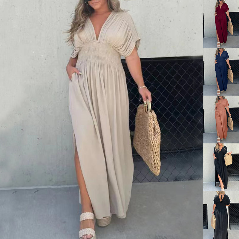 Luvéra Mode Bat-sleeved V-neck Slit Kleid Sommer Kurzarm Elastische Taille Lange Kleider Frauen Kleidung