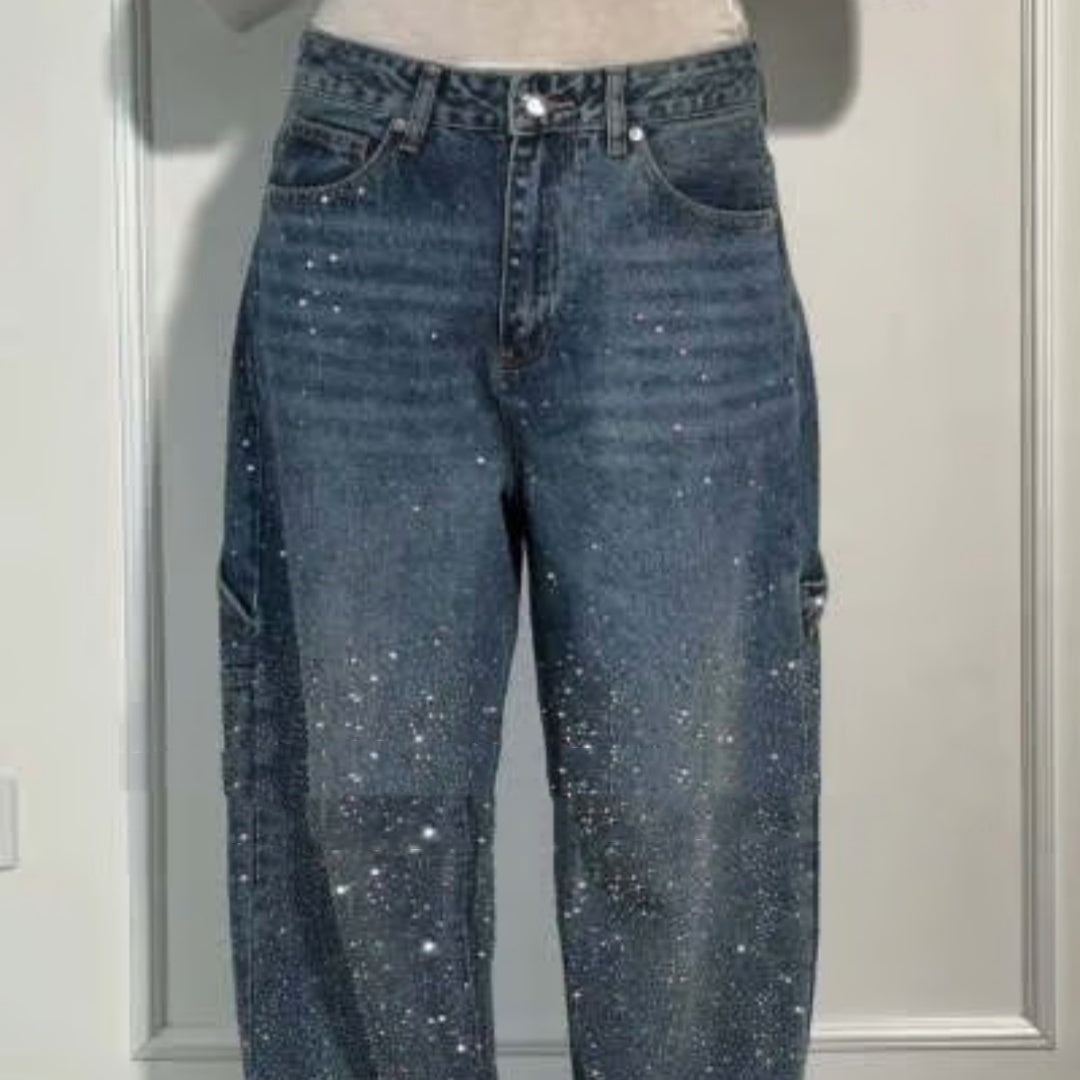 Luvéra Ins Glänzende Gerade Jeans Mit Taschen Mode Lose Weitbein Hosen Für Frauen Street-style Hosen
