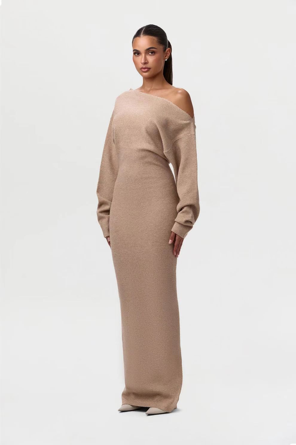 Luvéra Ins Slim Langarm Strickkleid Abendparty Sexy Off-Schulter Bodycon Lange Kleider