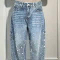 Luvéra Ins Glänzende Gerade Jeans Mit Taschen Mode Lose Weitbein Hosen Für Frauen Street-style Hosen