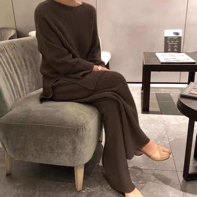 Luvéra Gestrickter Pullover Weitbein Hosen Anzug Frauen
