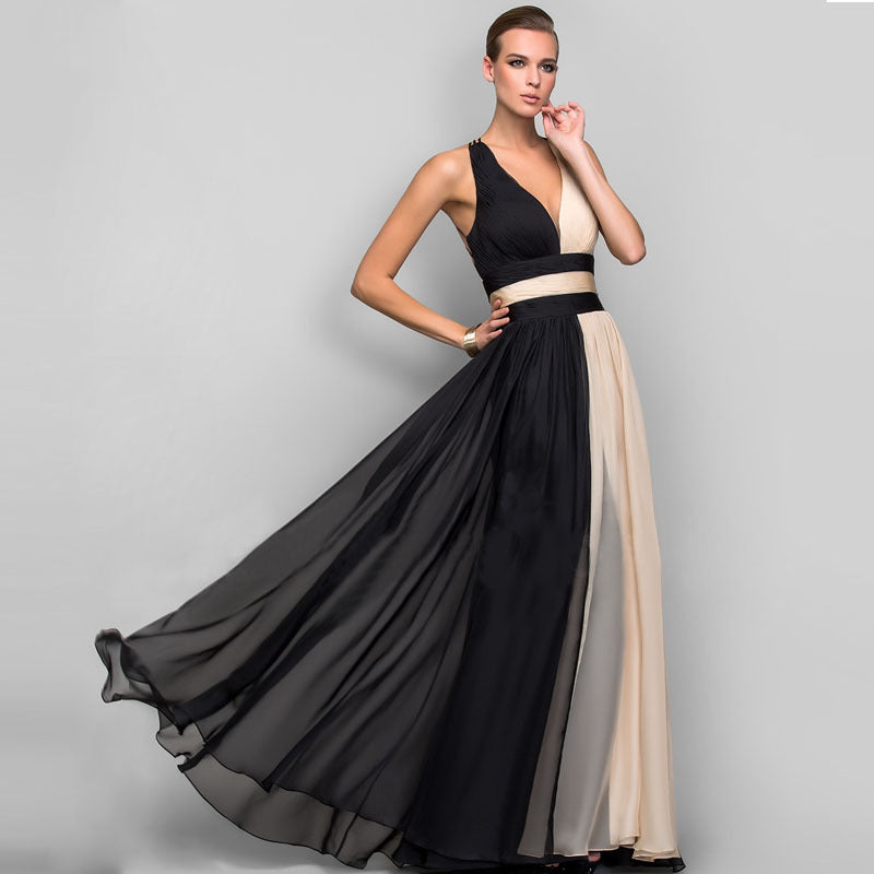 Luvéra Mode V-Ausschnitt rückenfrei Farbe Kleid Rock langes Kleid